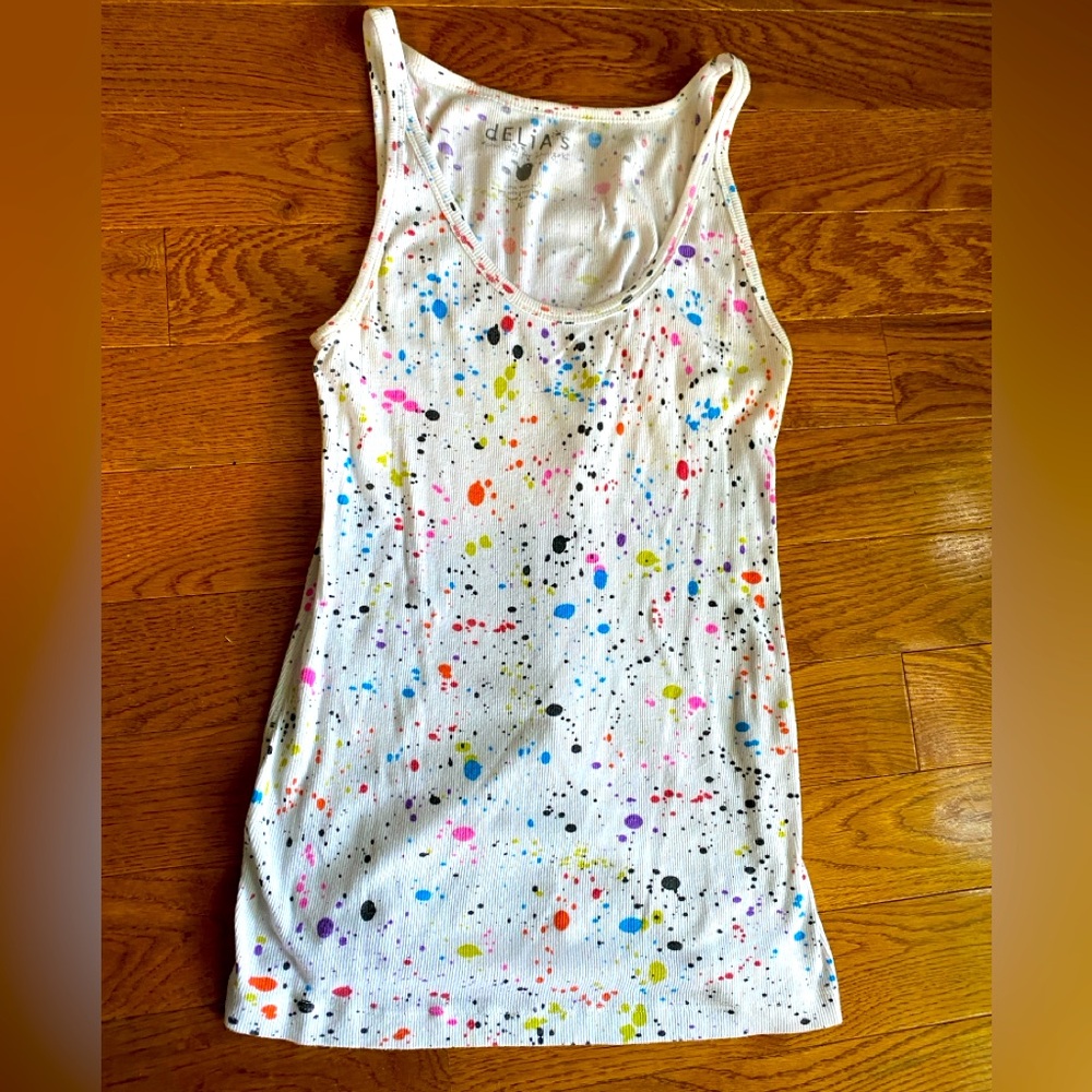 dELiA*s Multicolor Splatter White Tank Stretchy “Chic stuff for girls” Size XL